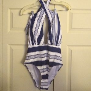 Navy and White wrap one piece cupshe